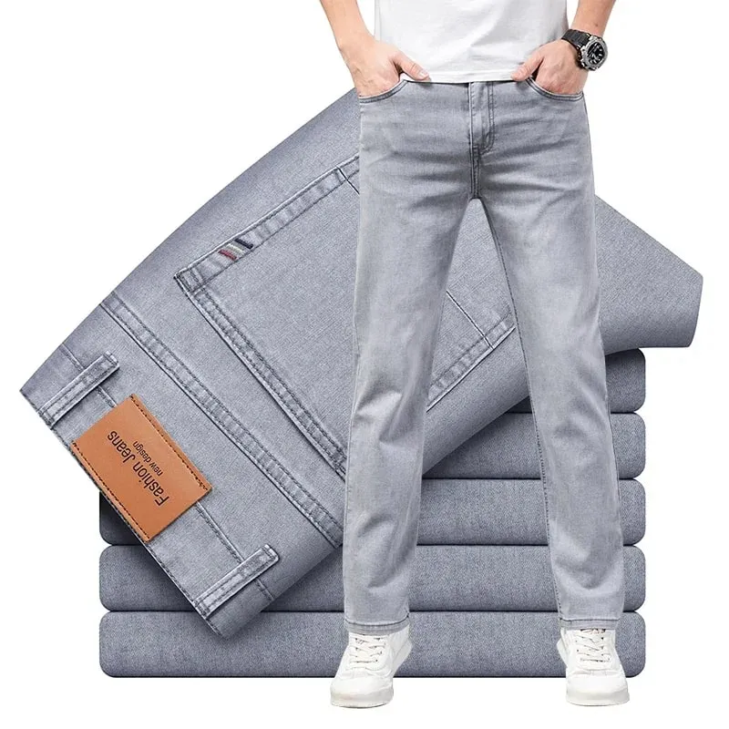 Summer Thin Men's Elastic Cotton Jeans Fashion Gray Comfortable Business Straight Casual Pants Brand Male Clothes Trousers — image 1