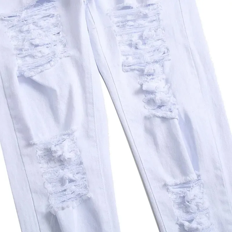 2025 Hole Denim Pants Men's Tide Brand Ruined Hole Jeans Solid Slim All-match High Street Hip Hop Trousers Red White Large Size — image 6