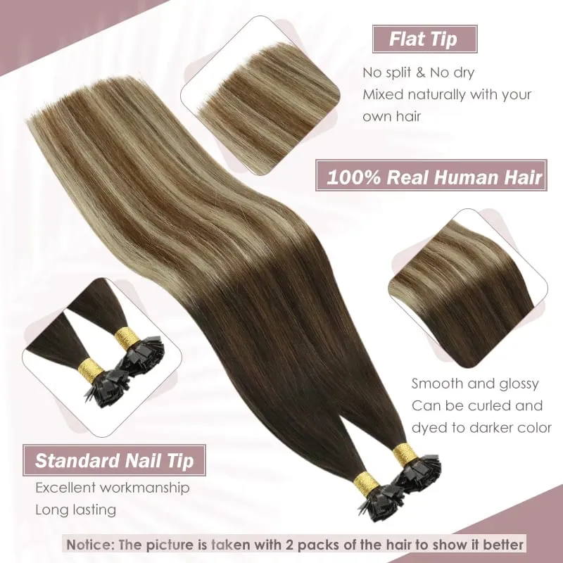 Ugeat Flat Tip Hair Extensions Human Hair Pre-Bonded Hair Extensions 14-24" Keratin Flat Human Hair Balayage Color Hair 1g/1s