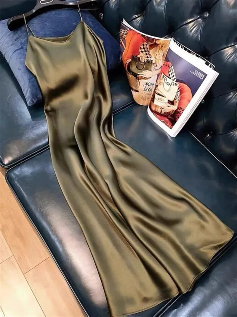 Women Slip Dress Satin Sleeveless V-Neck Solid Silk Elegant Vintage Lady 2026 Summer Female Long Spaghetti Strap Dresses Vestido — image 2