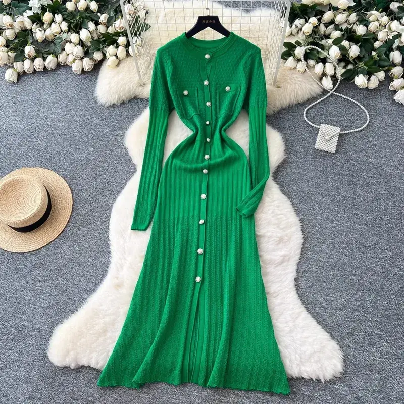 YuooMuoo Brand Fashion Aesthetic Patchwork Knitted Maxi Dress Autumn Winter Women Luxury Shirt Sweater Dress Office Lady Vestido — image 2