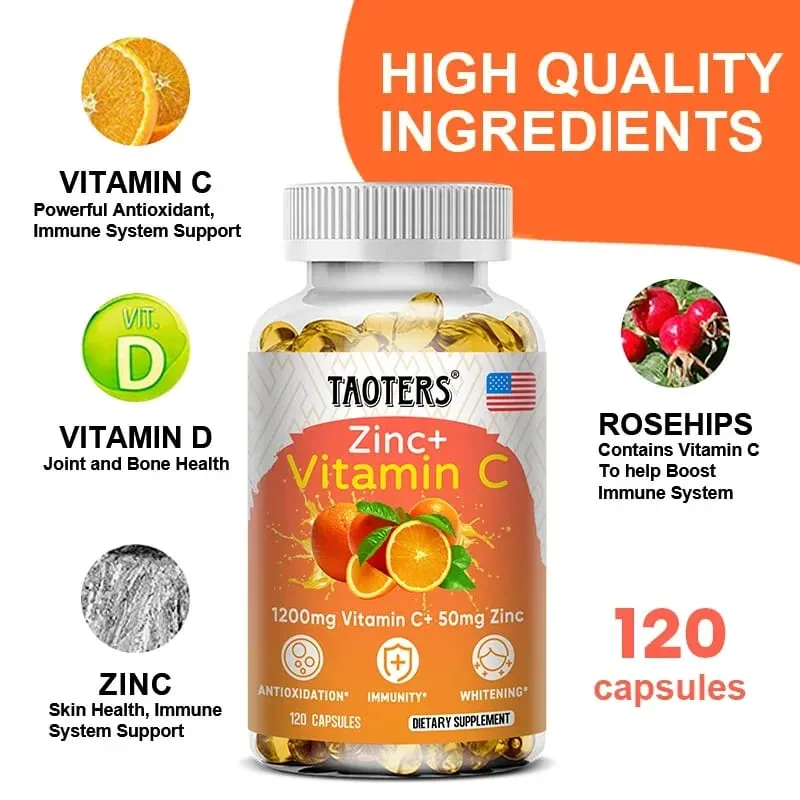 Taoters Vitamin C + Zinc Supplement - High Absorption - Immune System Skin Health Vitamins - Antioxidant Supplement
