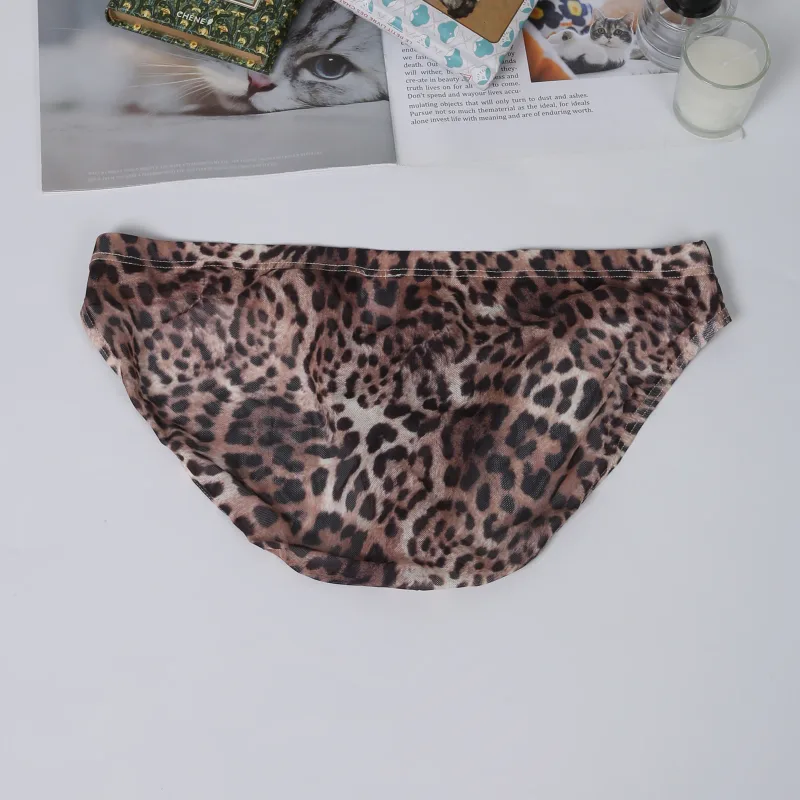 Men Sexy Briefs Underwear Mesh Sheer Ultra-Thin Underpants Big Penis Pouch See Through Panties Leopard Bikini — image 3