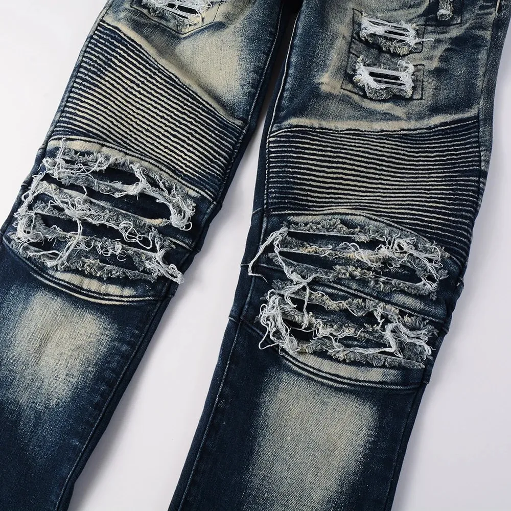 Men's Biker Jeans for Motorcycle Holes Ripped Distressed Patch Pants Stretch Denim Cotton Slim Straight Trousers High Quality — image 4