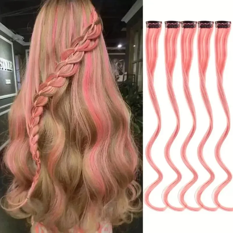 5Pcs Colored Hair Extensions Party Highlights Curly Wavy Hairpiece Clip In Synthetic Streak For Girls Women Halloween Wig — image 8