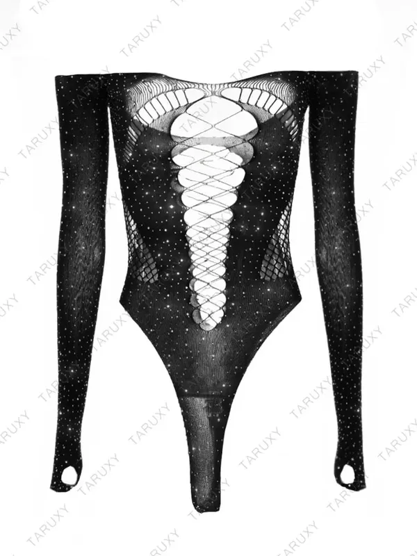 See Through Sparkly Mesh Bodysuit Women Long Sleeve Rhinestone Body Tops Hot Drill Female Party Nightclub Sexy Lingerie — image 8