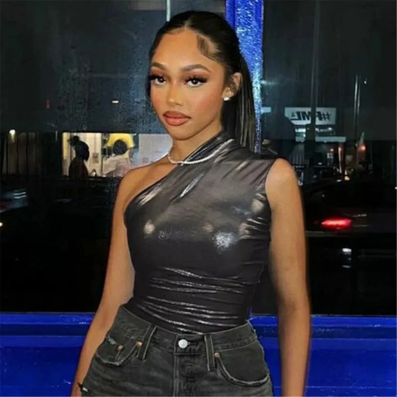 Women's Glitter One Shoulder Bodysuit Blue Silver Orange Red — image 3