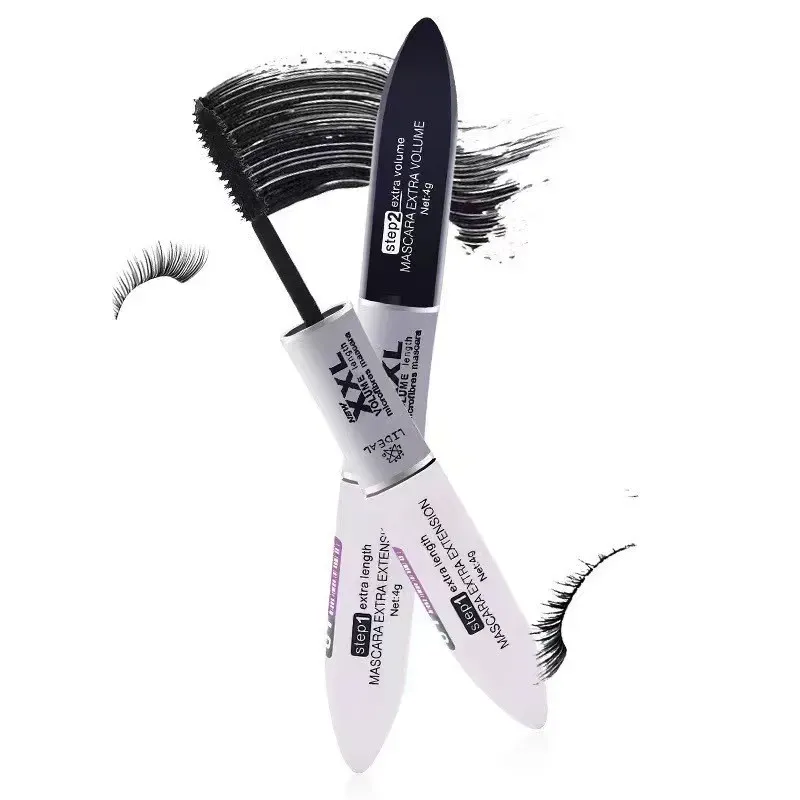 Ultrasort dobbeltendet mascarafiberforlængende og volumengivende langtidsholdbar øjenmakeup med sorte og hvide børstehoveder — image 3