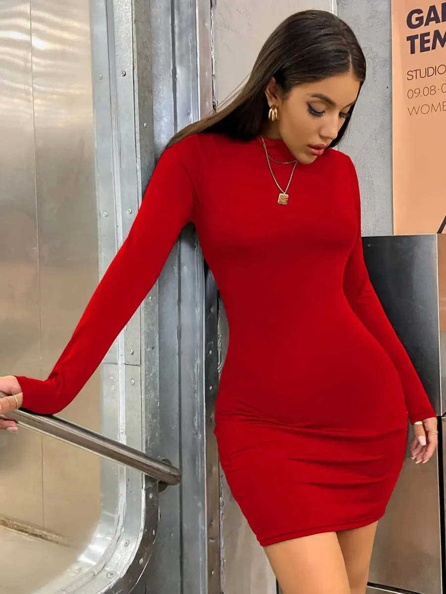 Long Sleeve Slim Bodycon Mini Dress Women Turtleneck Pleated Party Ruched Short Evening Club Outfit Soild Color — image 2