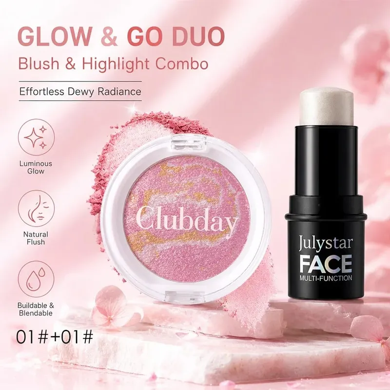 Blush & Highlight Combo Set Luminous Dewy Finish Blendable Buildable Color Long‑Lasting Wear for Natural Glowing Face Makeup