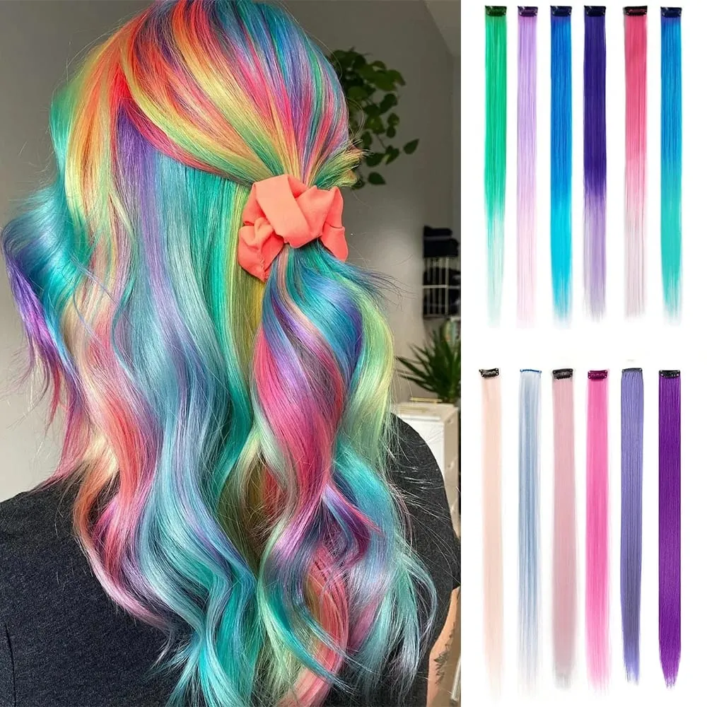 6pcs/pack Colored Party Highlights Clip in Hair Extensions for Girls 22 inches Multi-colors Straight Hair Synthetic Hairpieces — image 2