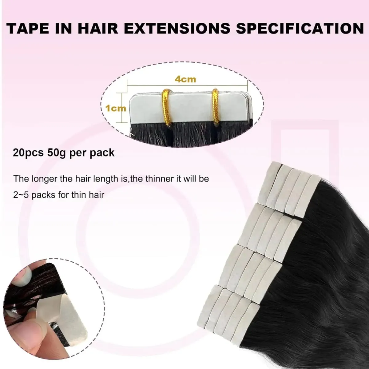 Straight Tape In Extensions 50G/20Pcs Skin Adhesive Invisible Glue #1B Tape Ins Brazilian Remy 100% Human Hair On Salon Quality — image 6