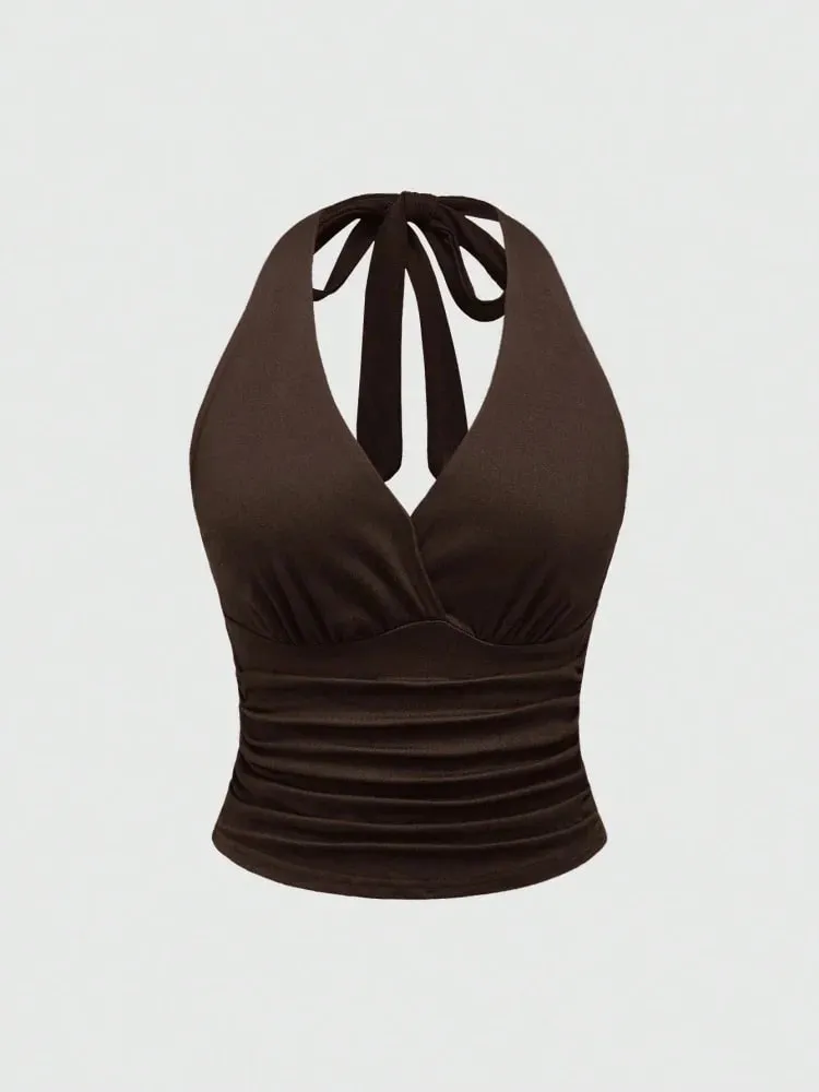 Leopard Printed V-neck Backless Halter Crop Top for Women Summer Sexy Y2K Sleeveless Ruched Top Streetwear — image 11