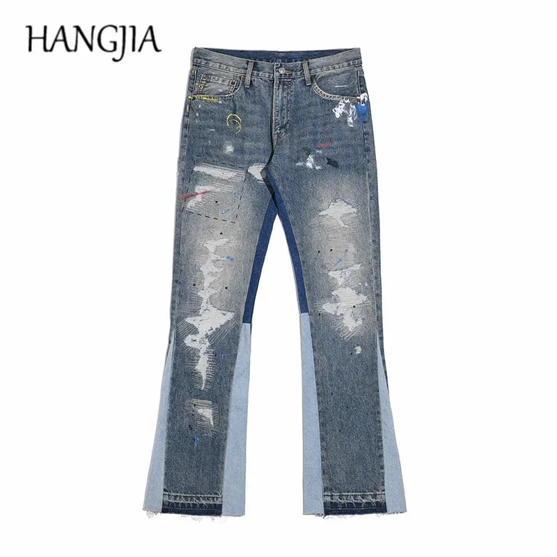 Blue Speckle Ink Washed Flared Jeans Slim Fit Hip Hop Graffiti Ripped Denim Pant Men Streetwear Vintage Wide Leg Jean Pants Y2k — image 2