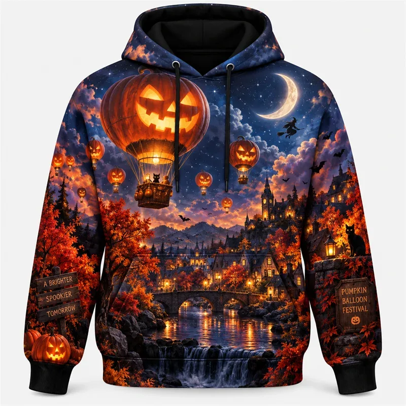 Halloween Hoodie 2026 Retro Graphic Pullover Haunted Adventure Gothic Night Streetwear Pumpkin Ghost Skeleton Moon Forest Unisex