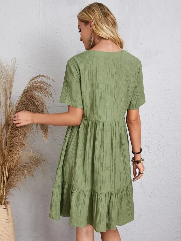 Elegant Solid V Neck A Line Dress 2024 New Summer Ruffles Loose Mini Dress Casual Short Sleeve Beach Party Vestidos Streetwear — image 2