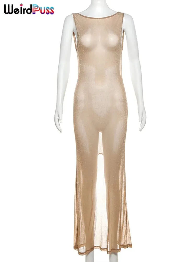 이상한 Puss See Through Dress 여성 2024 여름 얇은 민소매 반짝이 스플릿 Coquette Backless Clubwear Beach 섹시한 베스 티드 — image 7