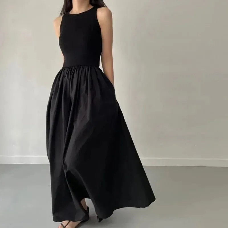 New Summer Simple Elegant Black Long Dresses For Women Round Neck Sleeveless High Waist Temperament Female Fashion Style Dress — image 2