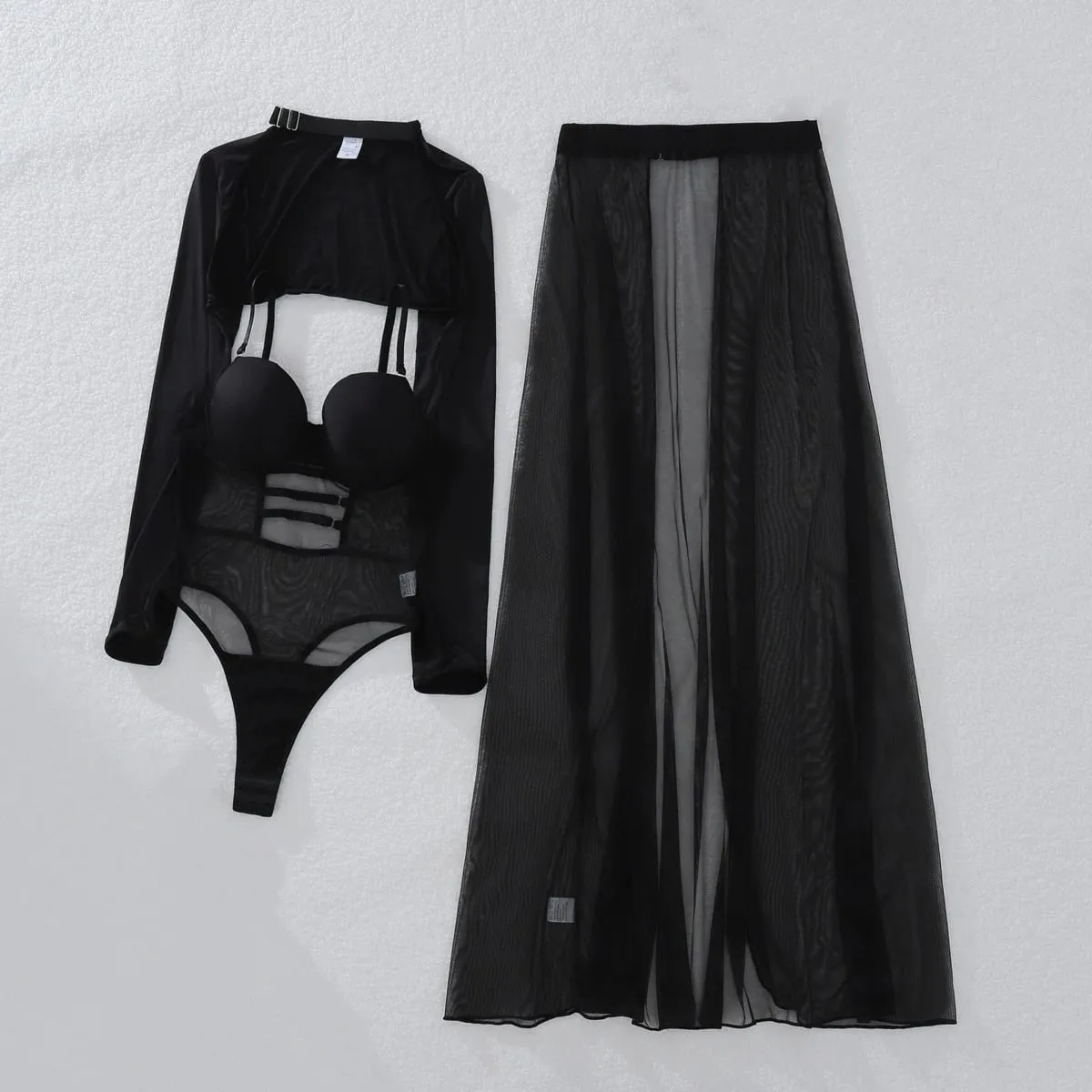 2025 New Perspective Mesh Body Shaping Jumpsuit Women's Sexy Splicing Split Skirt Female See Through Underwear 3-Piece Brief Set — image 1