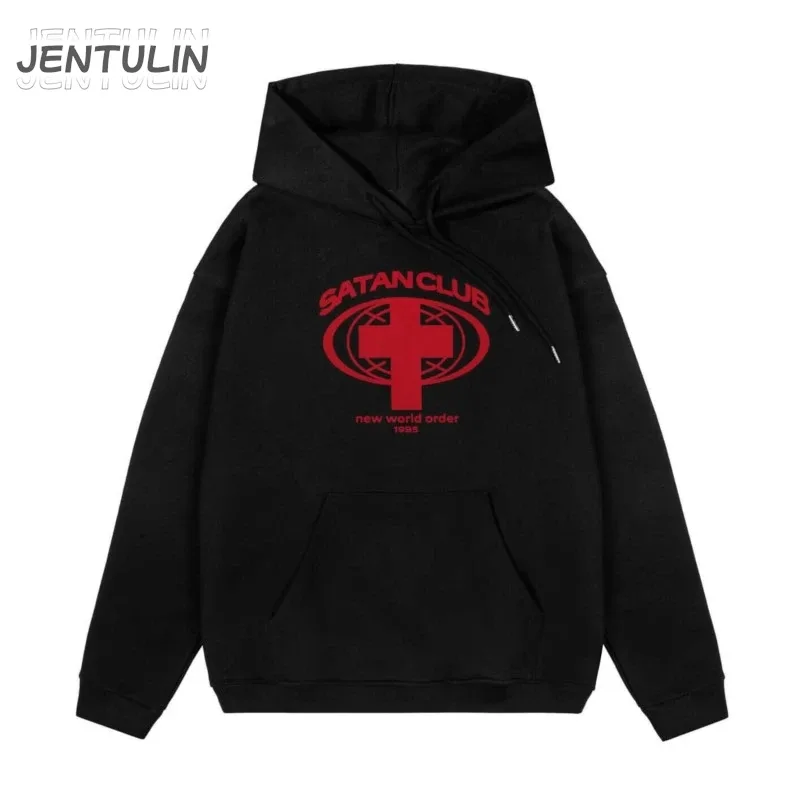 Harajuku Streetwear Oversized Men's Hooded Pullover Satan Club Graphic Print Hoodies Sweatshirts Hip Hop Aesthetic Tops Goth Y2k — image 2