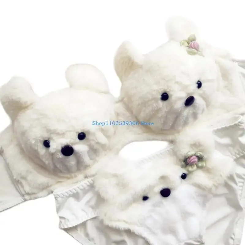 400A Women Cartoon Plush Bra Panty Set Funny Bear Bra Panties Set Lovely Lingerie