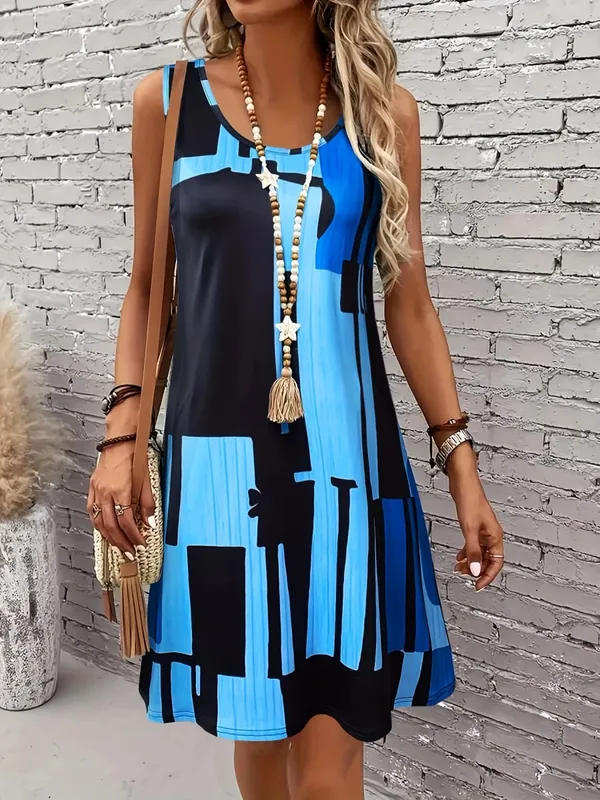 Spring&Summer Women's Geometric Pattern Sleeveless Dress For Summer Vacation dresses for women summer，Women Bohemia Midi Dresses