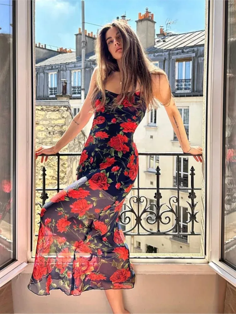 Kwiaty drukuj sukienki z paskiem Spaghetti kobiety pakiet temperamentu Hip obcisła długa sukienka moda seksowna Backless Lady Slim Vestidos — image 2
