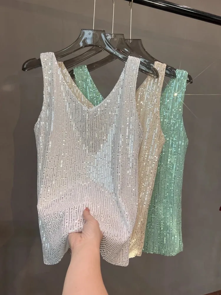 2024 New European and American Sequined V-neck Vest Worn Inside A Suit Bottoming Shirt and Worn Outside A Sparkling Top — image 2
