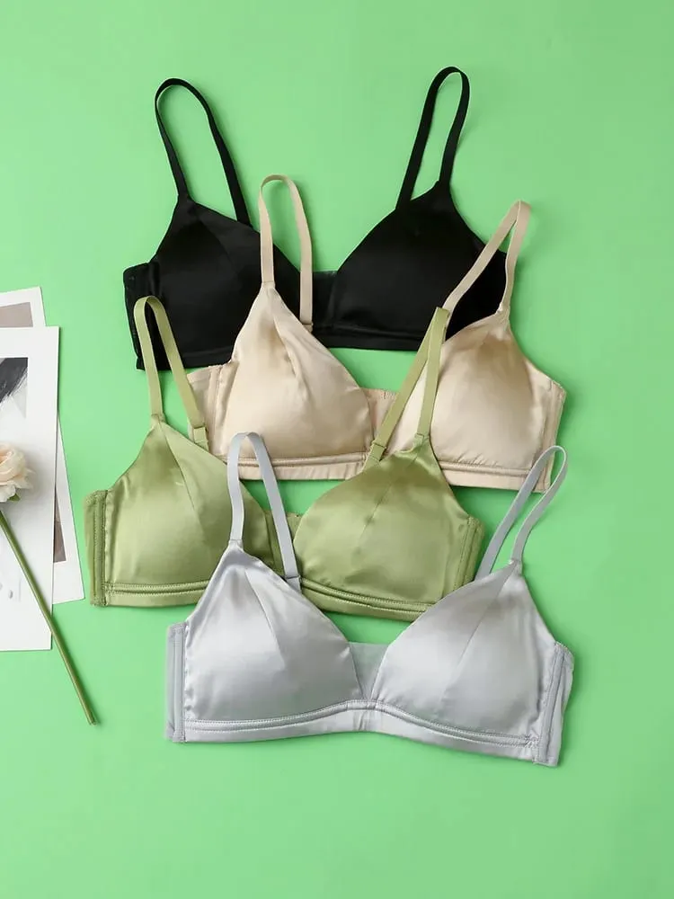 SuyaDream Dámská sada hedvábné podprsenky 93%Hedvábí 7%Spandex Spodní prádlo bez drátěnky 2023 Pohodlné intimky Stříbrná Růžová