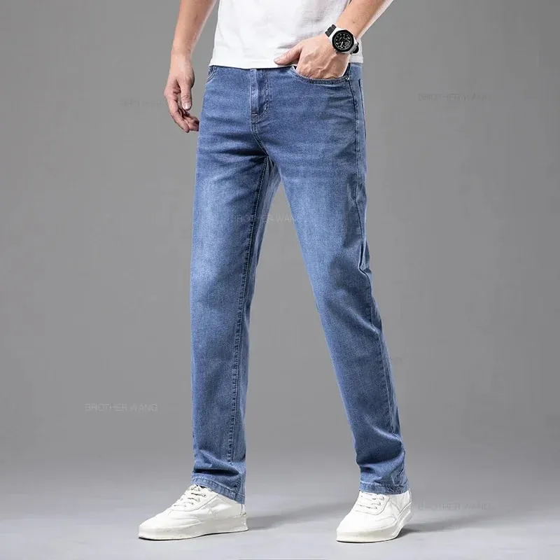Summer Thin Men's Elastic Cotton Jeans Fashion Gray Comfortable Business Straight Casual Pants Brand Male Clothes Trousers — image 3
