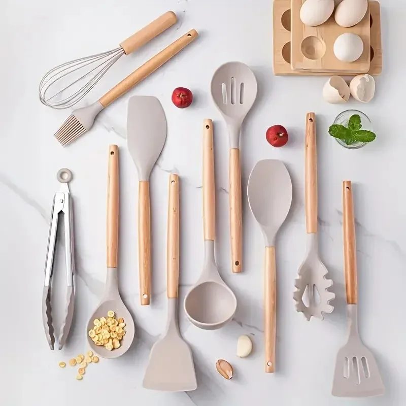 12pcs Set of Multi-color Silicone Wooden Handle Kitchenware Set Non Stick Pot Spatula and Spoon Cooking Utensils Heat-resistant — image 2