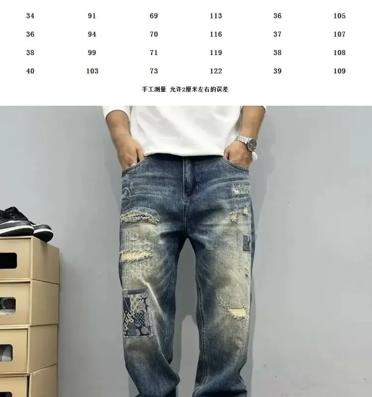 Baggy Jeans Vintage Distressed Patchwork Jeans Men's Straight Loose High Street Hip-hop Long Pants Men's Clothing Jeans for Man — image 8