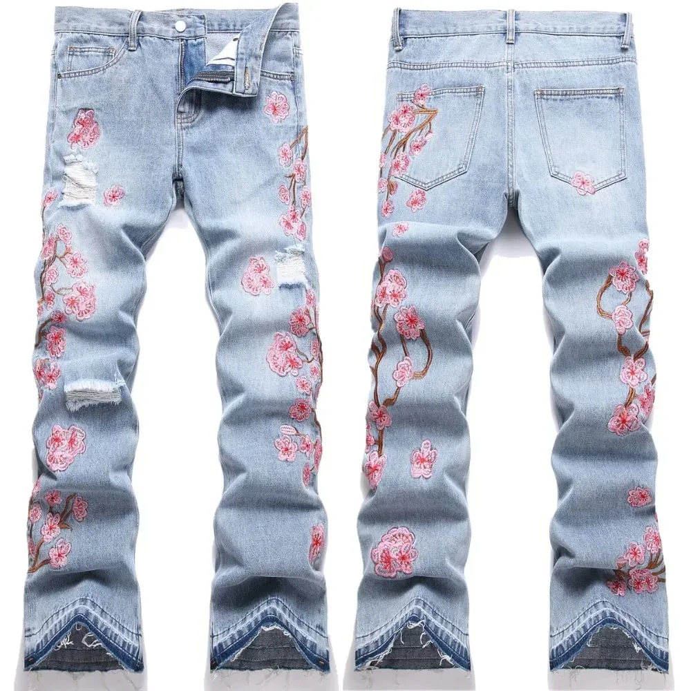 Men Straight Jean Denim Pants Jeans Loose Ankle Length Pant Pockets Casual Washed High Street Distressed Zipper Fly Spliced — image 2