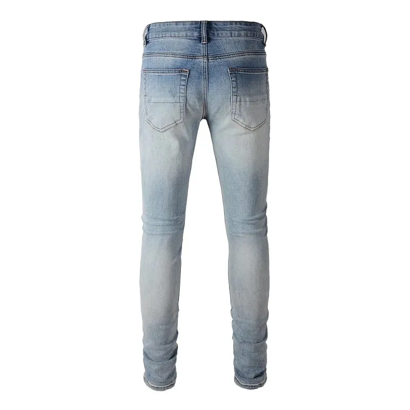 Men Crystal Patch Denim Jeans Streetwear Blue Patchwork Stretch Pants Ripped Distressed Skinny Tapered Trousers