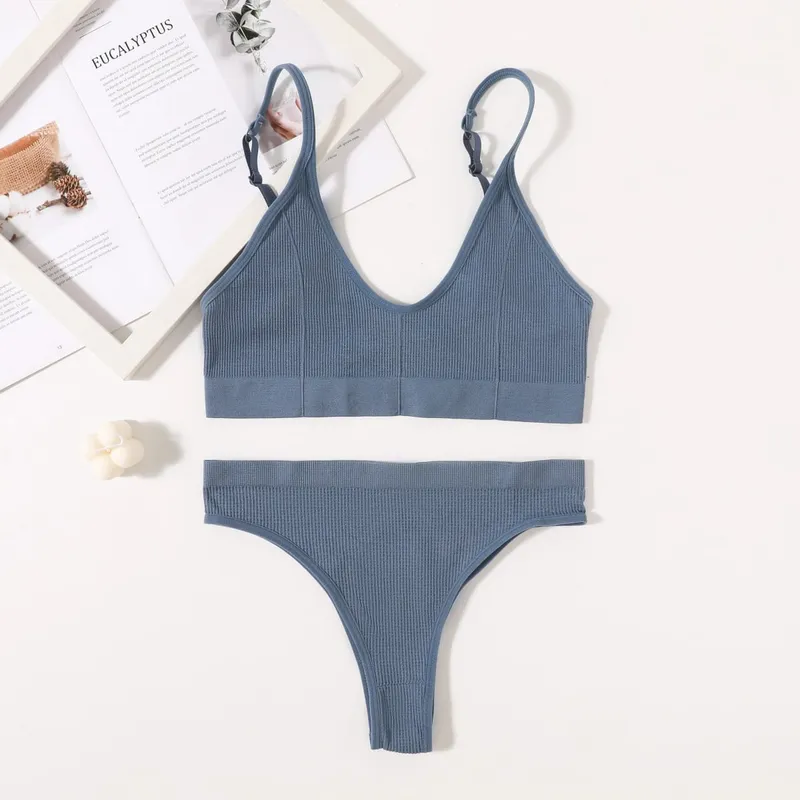 Women Seamless Bra Set Push Up Bras V-neck Tops High Rise Briefs Seamless Underwear Wire Free Brassiere Sexy Lingerie Set