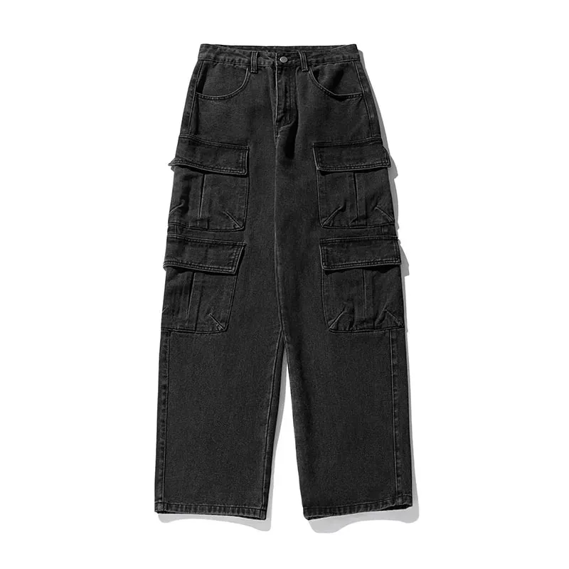 Gothic Harajuku Y2K Multi-Pocket Washed Black Jeans Men Fall Loose Drag Pants Street Hip Hop Rap 90s Spice Girls Wide Leg Pants