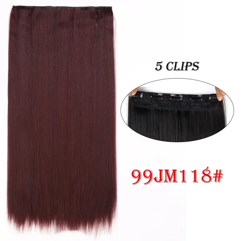 One Piece Clip In Hair Extensions 24" Straight Thick Synthetic Clip In Hairpieces Highlights Black Brown Soft For Women Daily