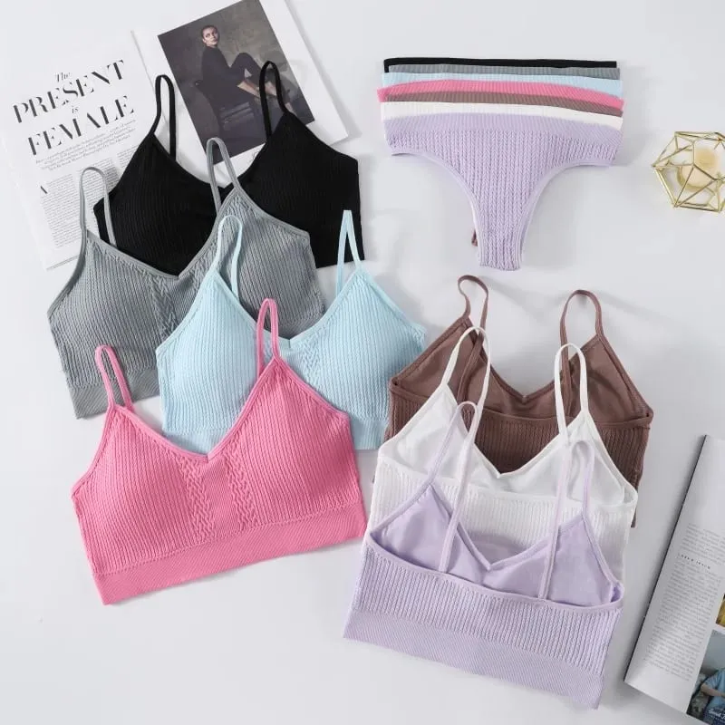 Women Seamless Bra Panties Set Push-Up Non-wire Bralette Low-Rise Briefs Sexy Lingerie Female Comfort Rib Sports Underwear Set — image 2