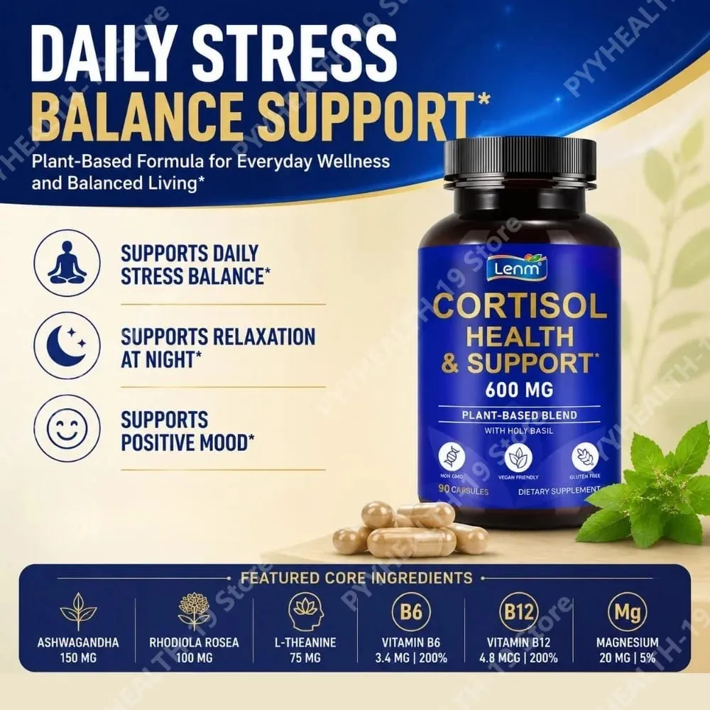 Lenm Cortisol Health Support Capsules Ashwagandha Rhodiola Holy Basil L-Theanine Para sa Stress Balance at Relaxation Adult 90 Count — image 2