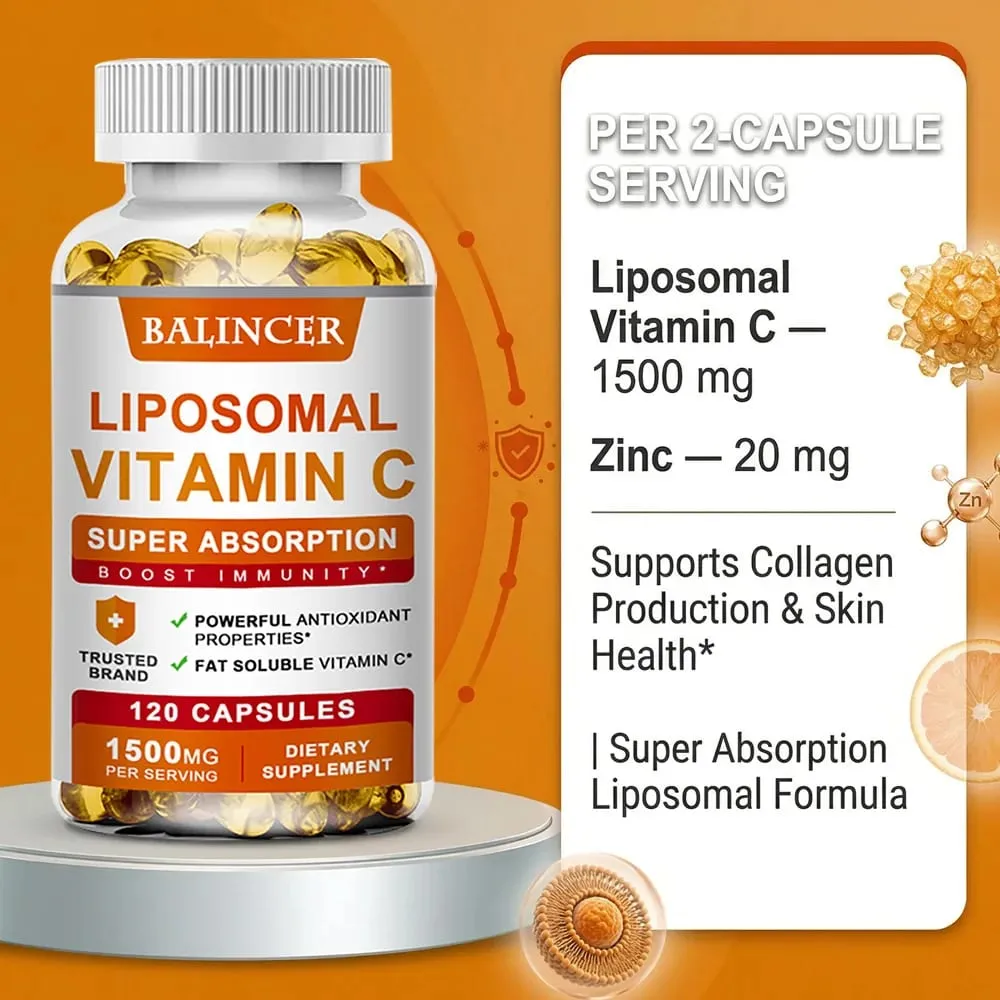 Vitamina C lipossomal 1500 mg de alta absorção, ácido ascórbico solúvel em gordura, suporte imunológico, reforço de colágeno e suplemento antioxidante