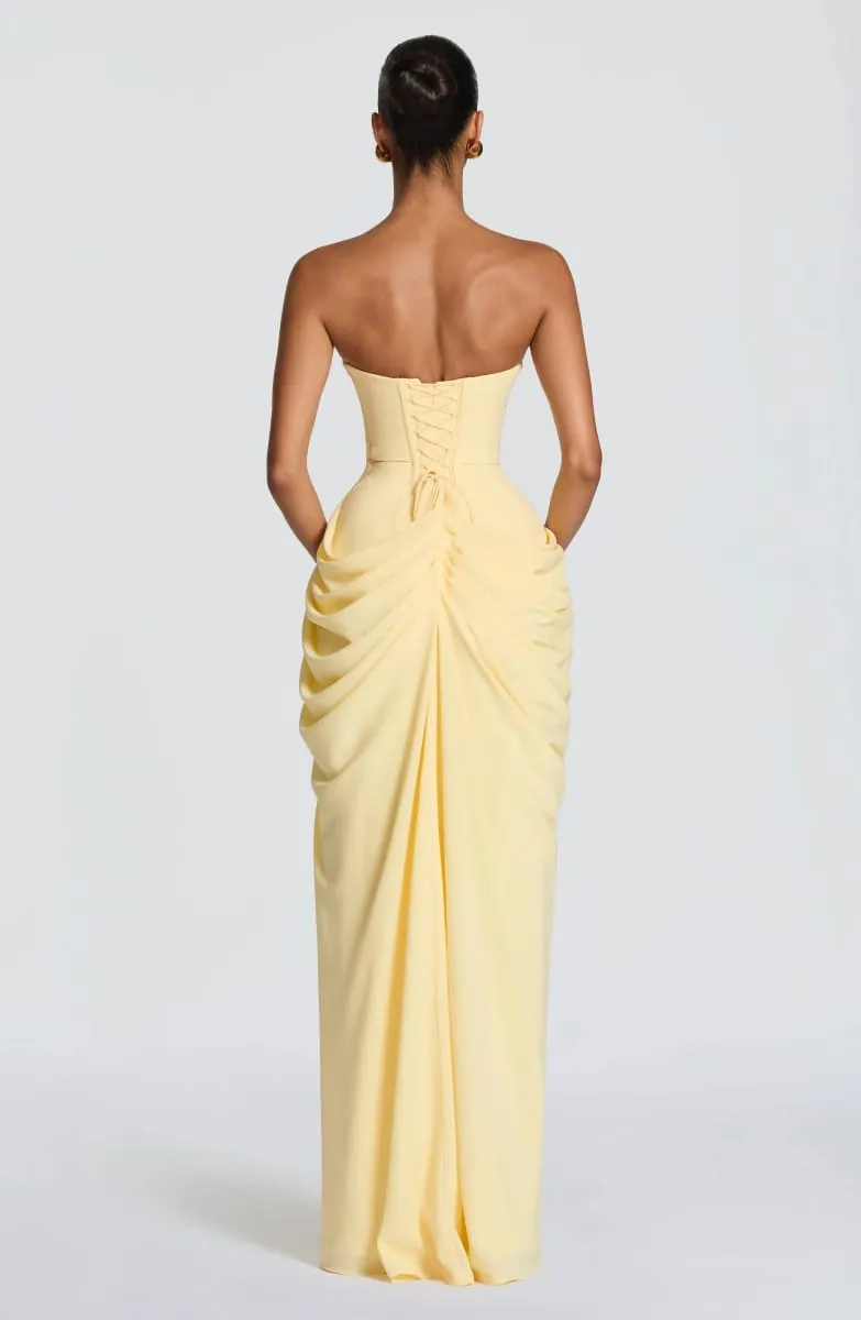 Mingmingxi lente zomer gele strapless maxi-jurk ruches hoge split avondjurk bodycon bruiloft gast feestjurk dames