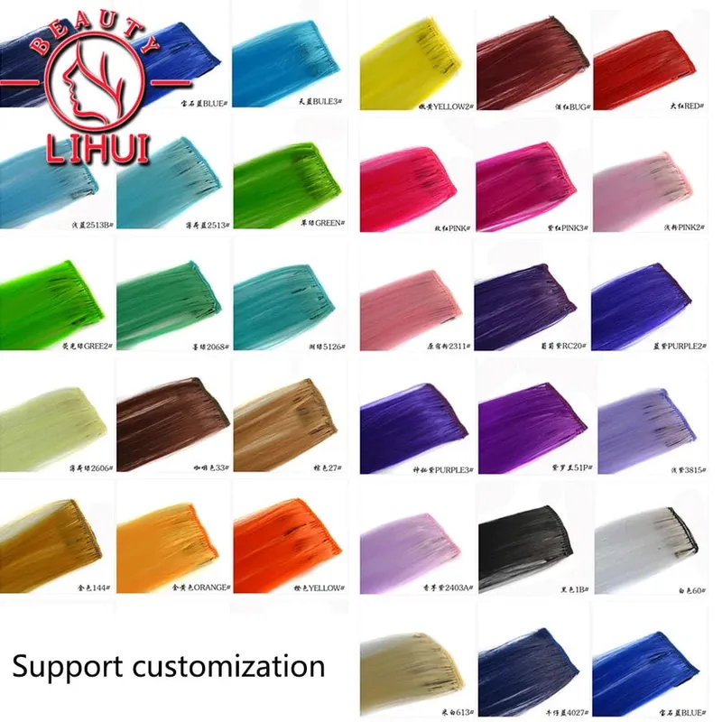 Long Straight Color Hair Piece Hair Extensions Clip In Highlight Rainbow Hair Streak Pink Synthetic Hair Strands on Clips