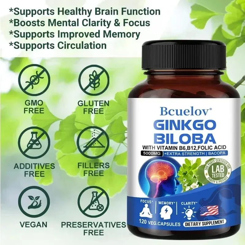 Ginkgo Biloba 5000 mg Extra Strength - Supports Brain Function and Memory Focus Stress Relief 120 Veggie Capsules