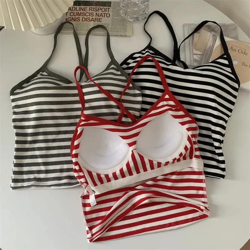 Korea Style Colorblock Striped Camisole Female Summer Cross Strap Built In Bra Omighty Camis Women Skinny Tank Top Dropshipping — image 9