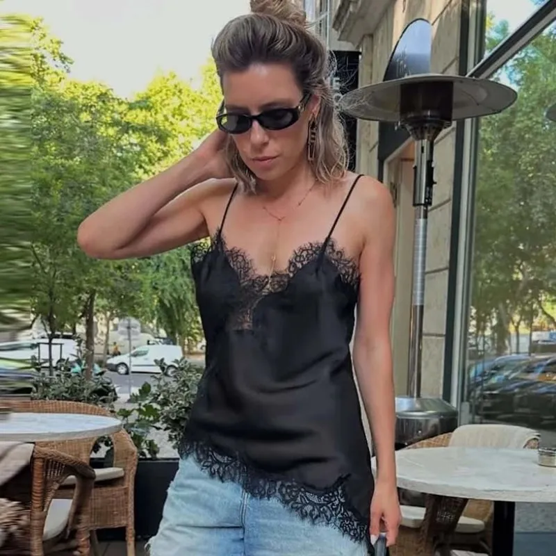 Asymmetrical Slip Top Women Summer 2025 Y2K Tanks & Camis Lace Black Off Shoulder Top Elegant Sleeveless Backless Camisole — image 5