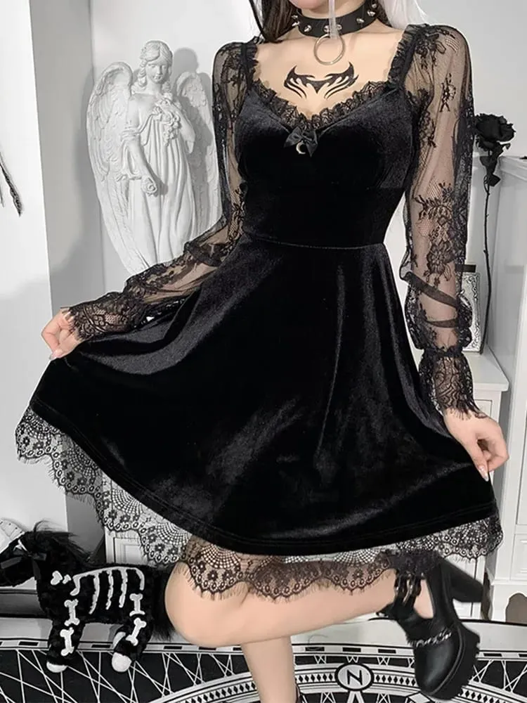 Gothic Lolita Girl Lace Trim Velvet A-Line Dress Wanita Perspektif Seksi Lengan Panjang V Leher Slim Mini Dress Kostum Pesta Cosplay