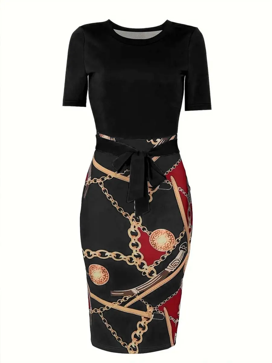 Commuter wrap-around dress Women's Colorblock Chain Print Short Sleeve Round Neck Slight Stretch Slim Fit Mini Dress With Belt — image 3