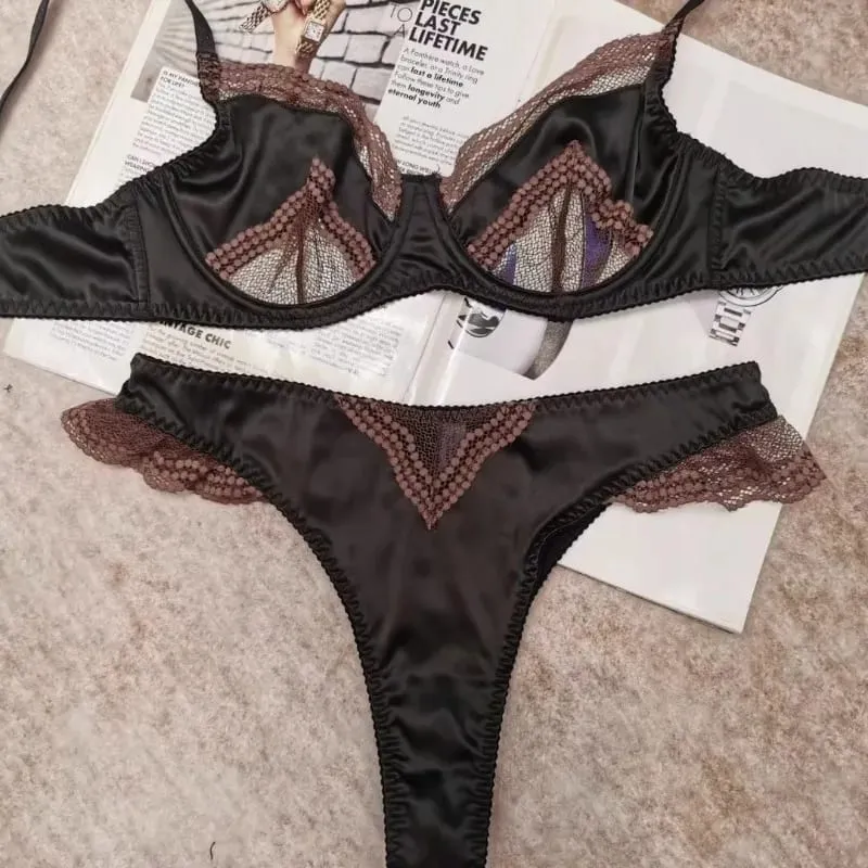 Parisian Lingerie Set | Chantilly Lace & Mesh Cutouts | EU 85B Support | Effortless French Slimming Underwire Sexy Bras — image 5