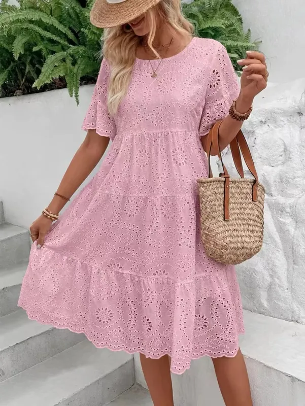 Dámské bílé šaty s očkem výšivka Midi šaty vyhloubené Boho splývavé volánkové šaty s krátkým rukávem letní plážové šaty
