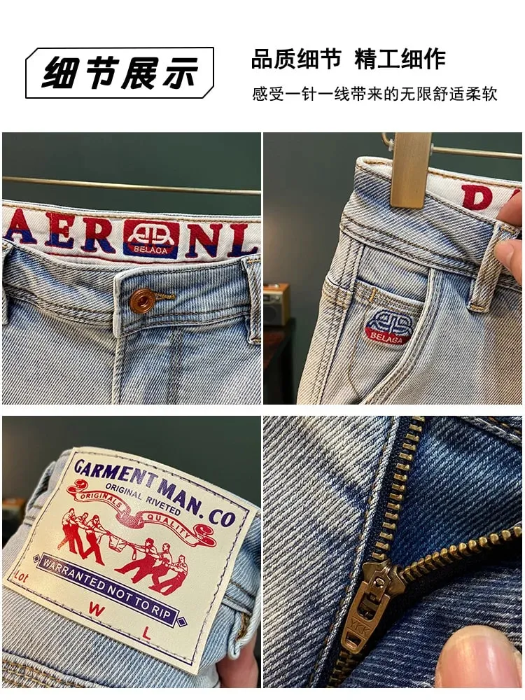 Printed Embroidered Summer Trendy Brand Jeans for Men Light Blue Elastic Slim Fit Small Feet Thin Pants — image 5